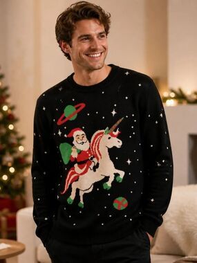 Tipsy Elves Black Crewneck Santa Riding Unicorn Holiday Sweater